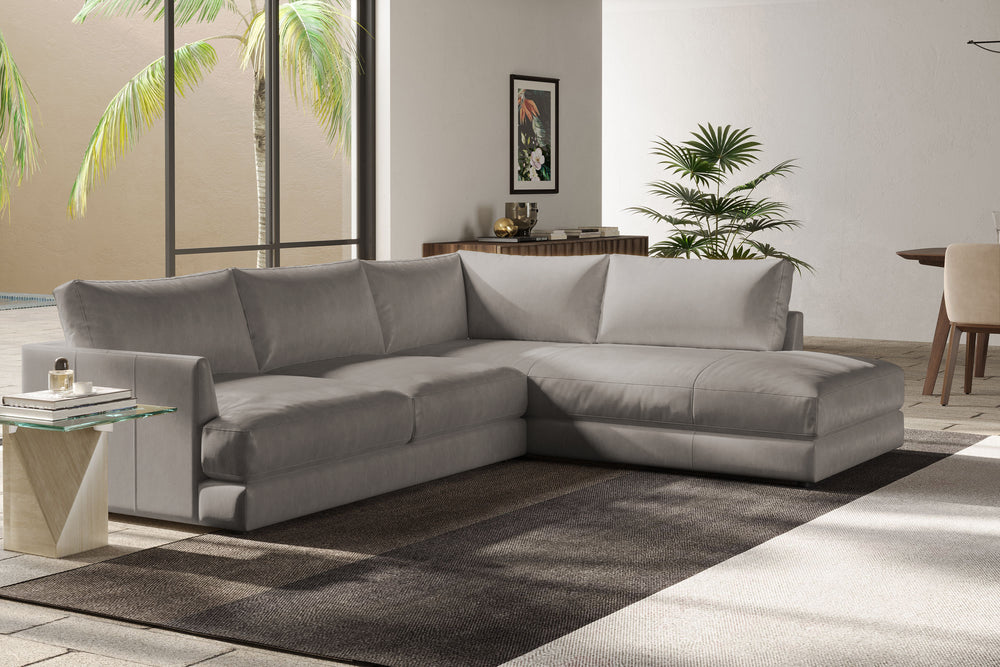 Valencia Serena Leather 2-Piece Right Bumper Chaise Sectional Sofa, Light Grey