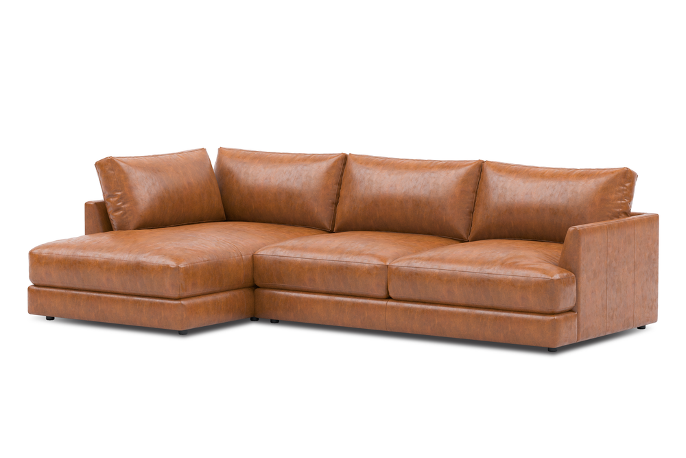 Valencia Serena Leather Three Seats with Left Chaise Sectional Sofa, Cognac