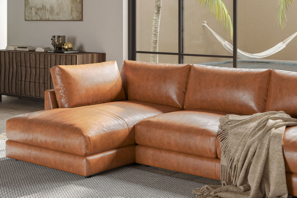 Valencia Serena Leather Three Seats with Left Chaise Sectional Sofa, Cognac