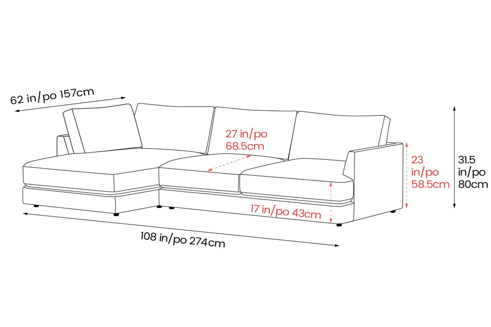 Valencia Serena Leather Three Seats with Left Chaise Sectional Sofa, Cognac