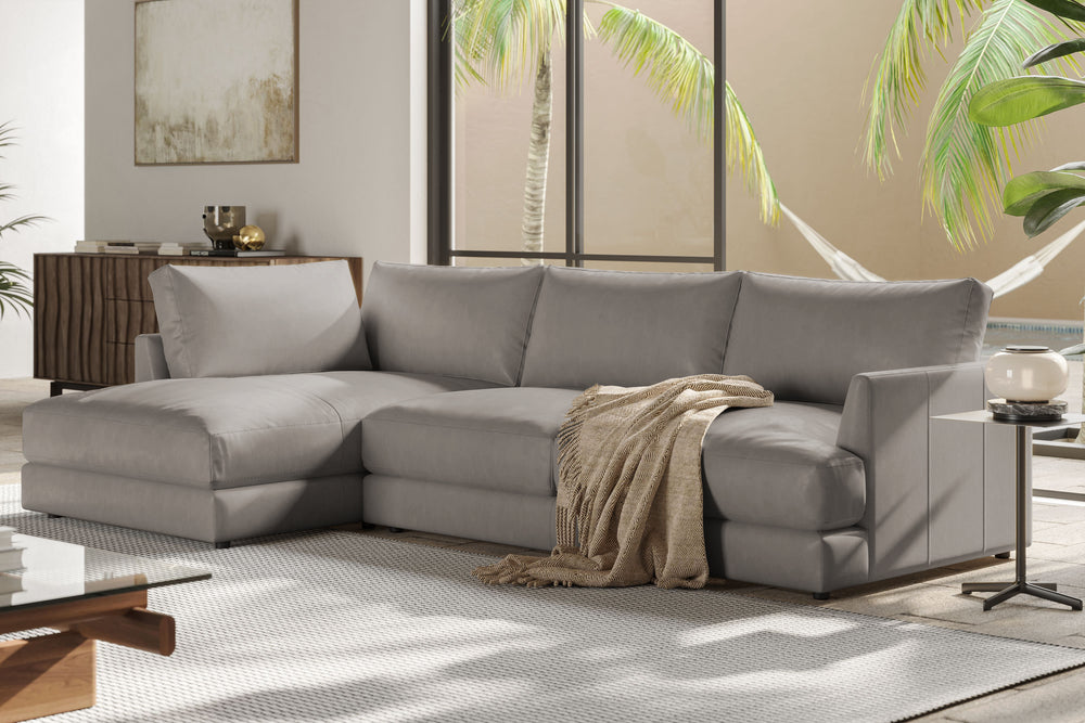 Valencia Serena Leather Three Seats with Left Chaise Sectional Sofa, Light Grey