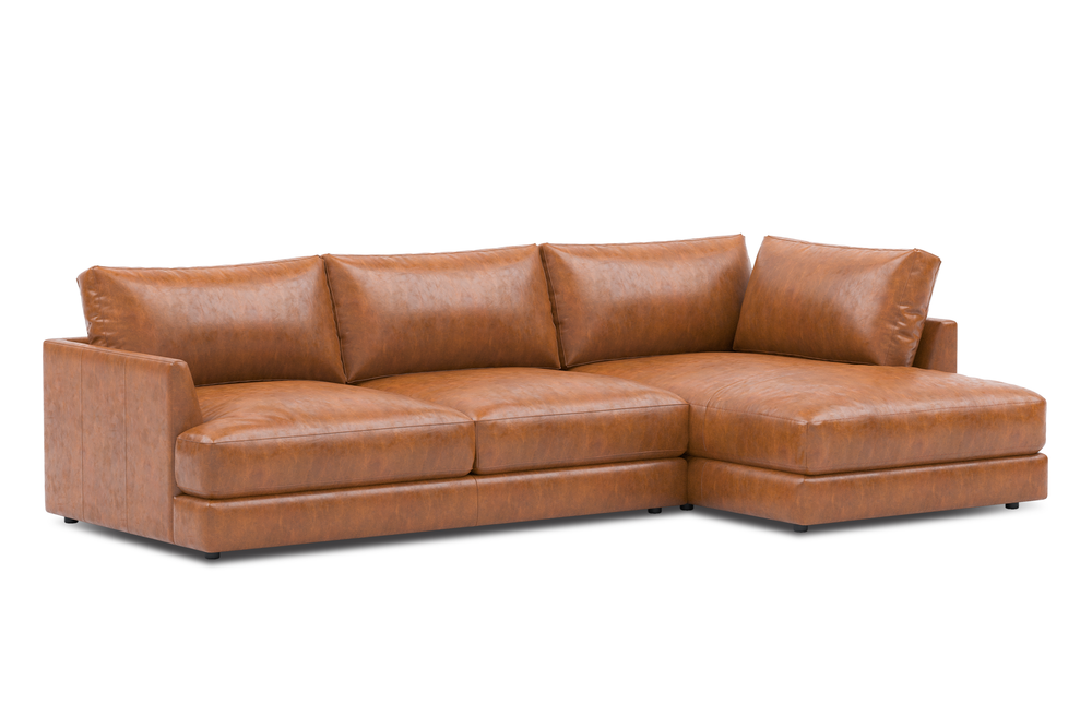 Valencia Serena Leather Three Seats with Right Chaise Sectional Sofa, Cognac