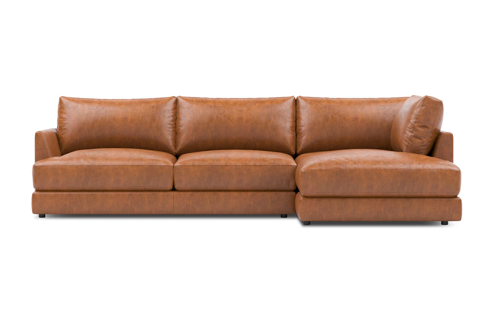 Valencia Serena Leather Three Seats with Right Chaise Sectional Sofa, Cognac