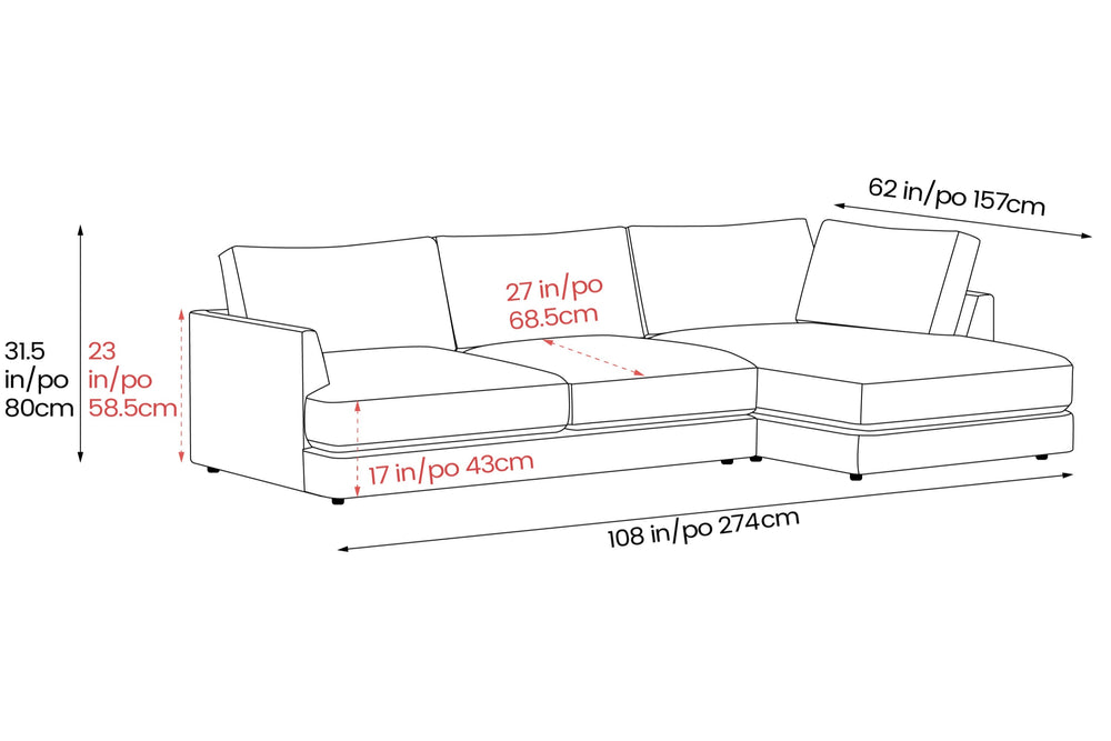 Valencia Serena Leather Three Seats with Right Chaise Sectional Sofa, Cognac