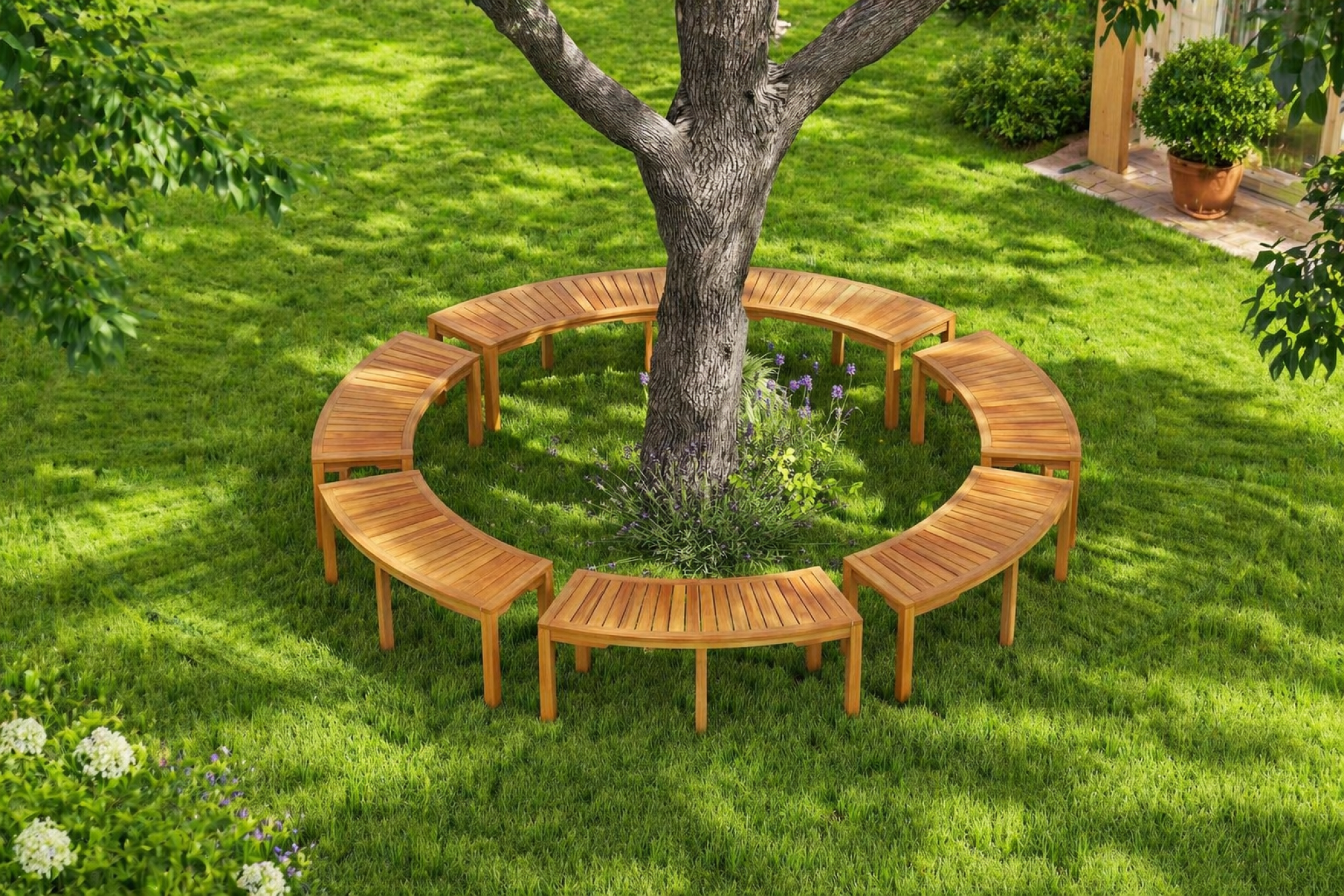 Set of 7 Outdoor Bench Acacia Wood Curved Garden Bench