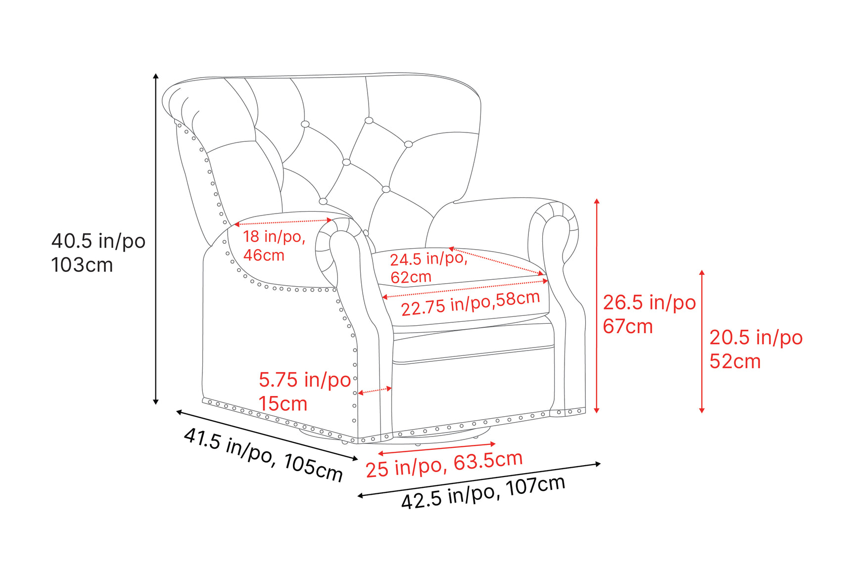 Dimension Drawing of Valencia Liam Tufted Full-Anline Leather Recliner with Nailheads, Single Seat, Lipari Choco