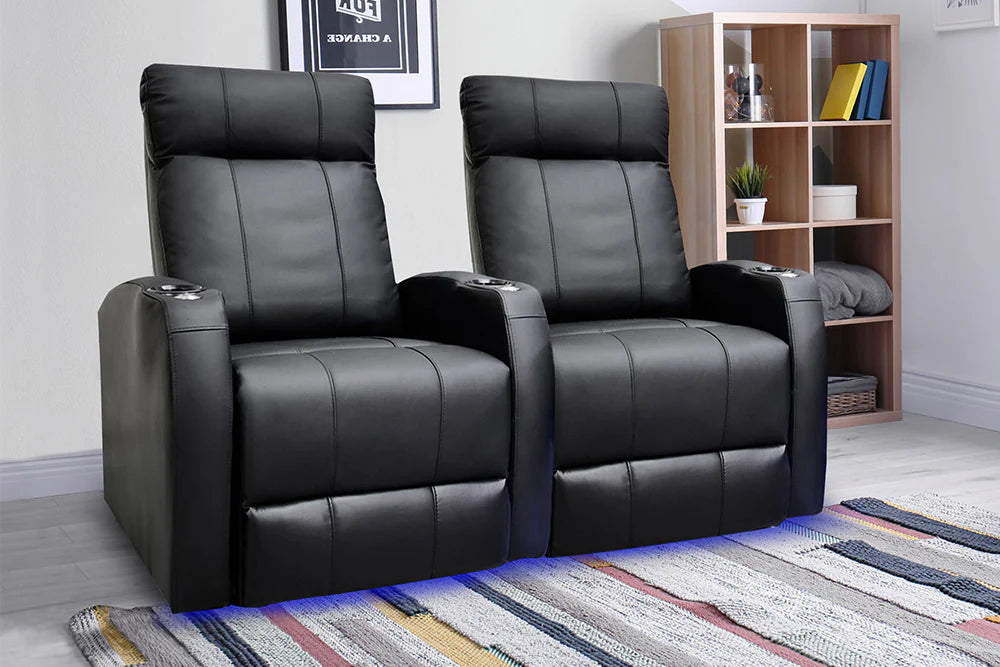 Valencia Syracuse Leather Home Theater Seating Row of 4 Loveseat Center, Black