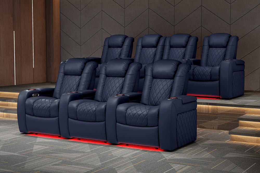 Valencia 2025 New Tuscany Leather Home Theater Seating Row of 3 Loveseat Left, Navy Blue