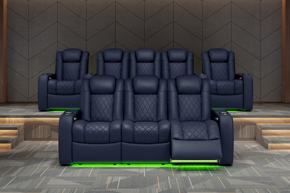 Valencia 2025 New Tuscany Leather Home Theater Seating Row of 3 Loveseat Left, Navy Blue