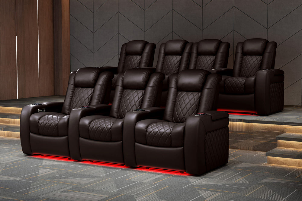 Valencia 2025 New Tuscany Leather Home Theater Seating Row of 4 Loveseat Center, Dark Chocolate