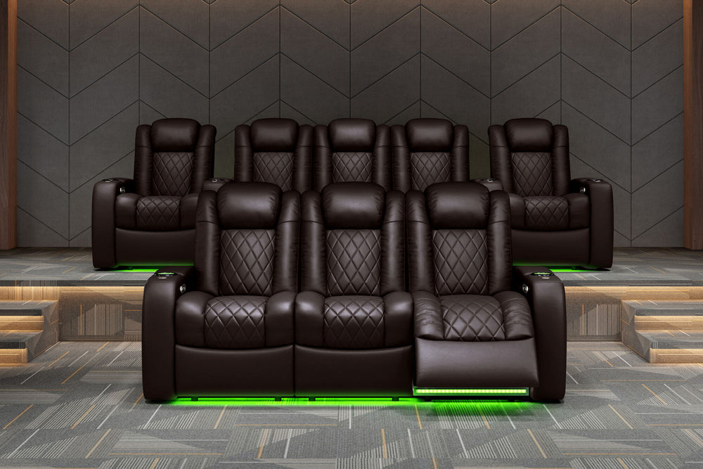 Valencia 2025 New Tuscany Leather Home Theater Seating Row of 4 Loveseat Center, Dark Chocolate