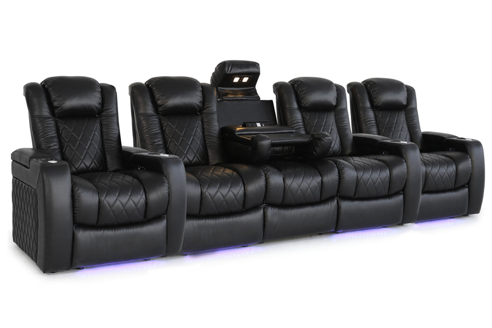 Valencia Tuscany Console Leather Home Theater Seating Row of 5 Dropdown Center, Midnight Black