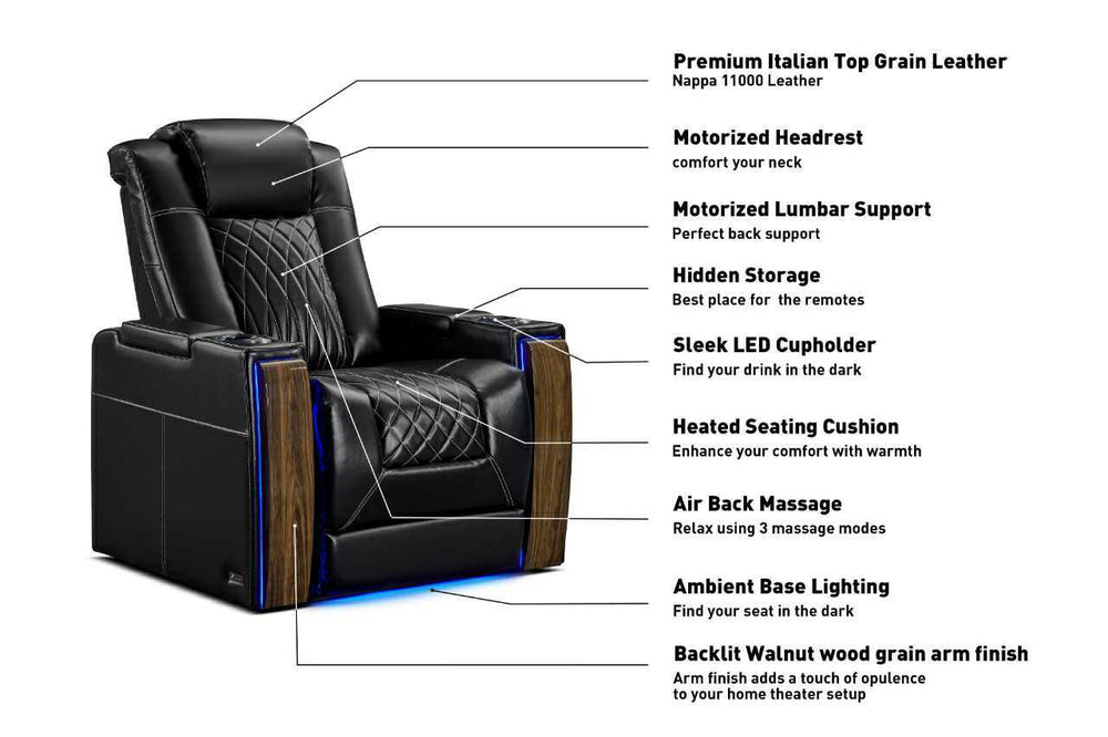 Valencia Tuscany Executive Heat & Massage Leather Home Theater Seating Row of 5, Midnight Black