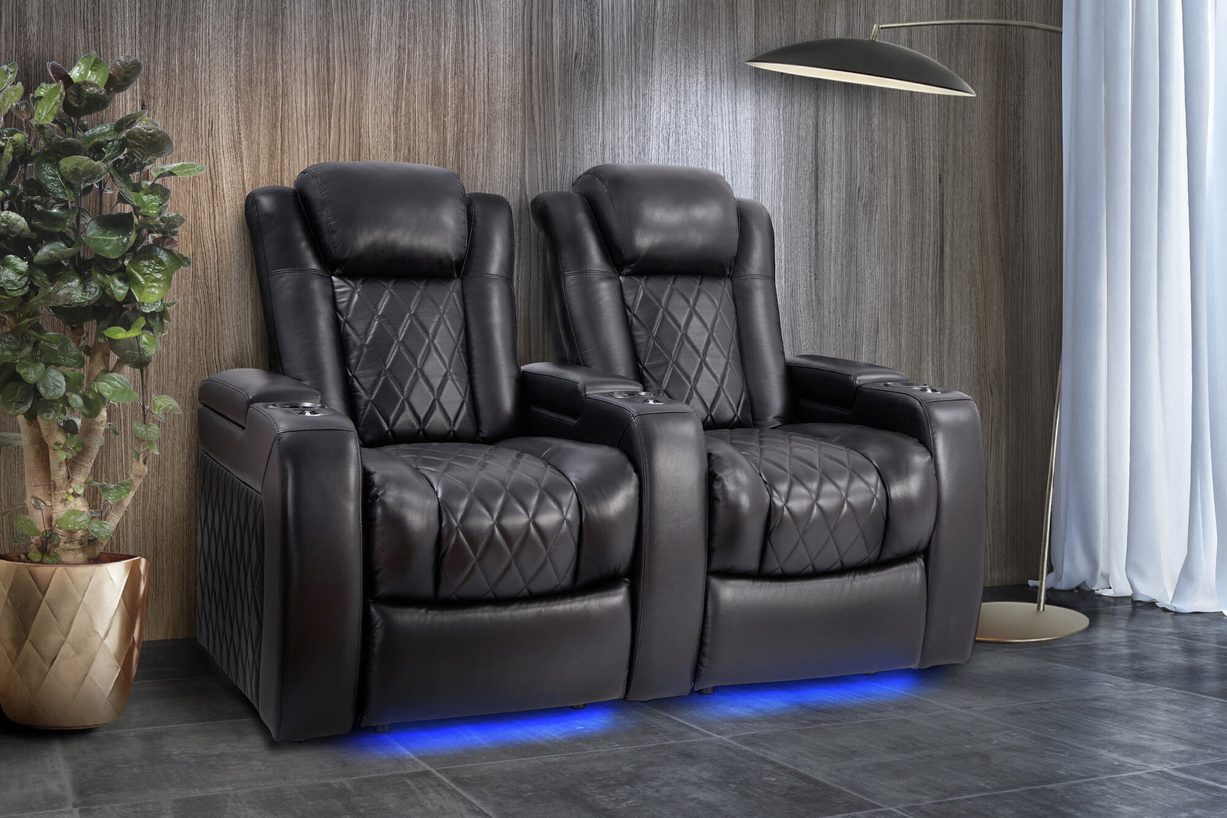 Valencia Tuscany Slim Leather Home Theater Seating Row of 3, Midnight Black