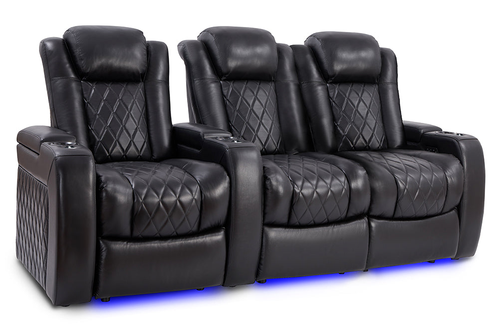 Valencia Tuscany Slim Leather Home Theater Seating Row of 3 Loveseat Right, Midnight Black