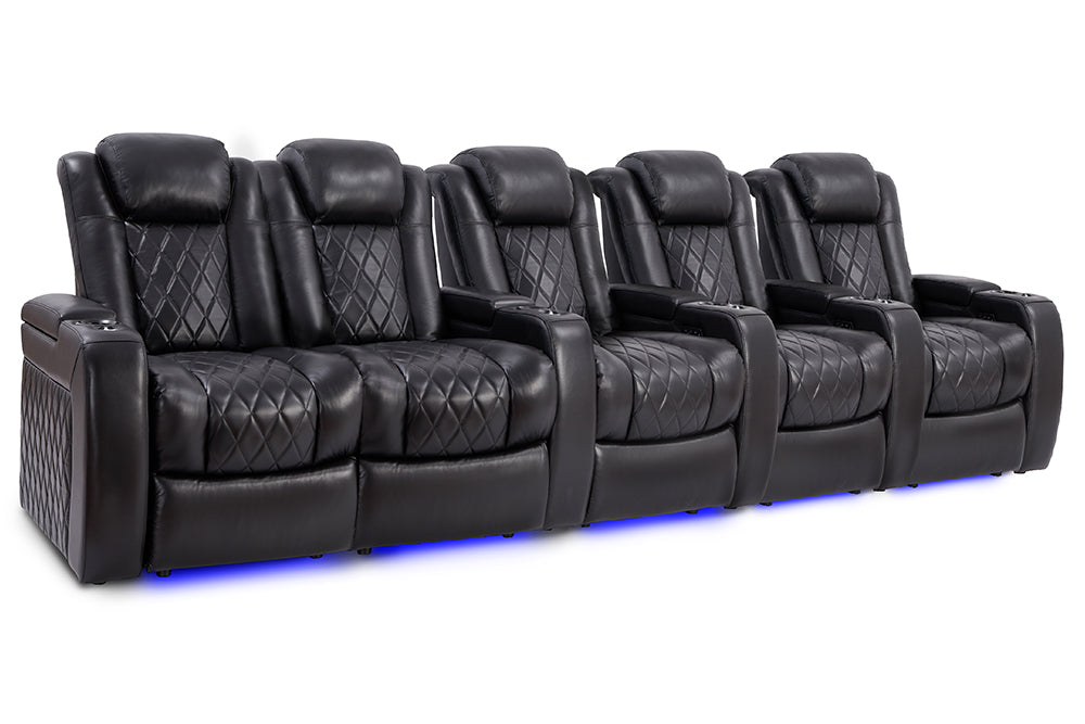 Valencia Tuscany Slim Leather Home Theater Seating Row of 5 Loveseat Left, Midnight Black