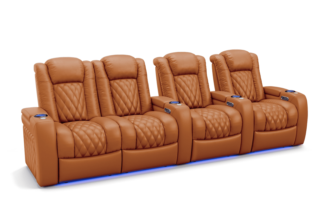 Valencia 2025 New Tuscany Leather Home Theater Seating Row of 4 Loveseat Left, Cognac
