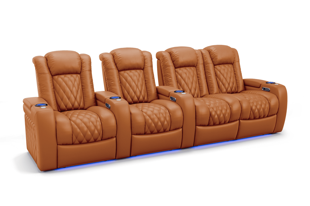 Valencia 2025 New Tuscany Leather Home Theater Seating Row of 4 Loveseat Right, Cognac