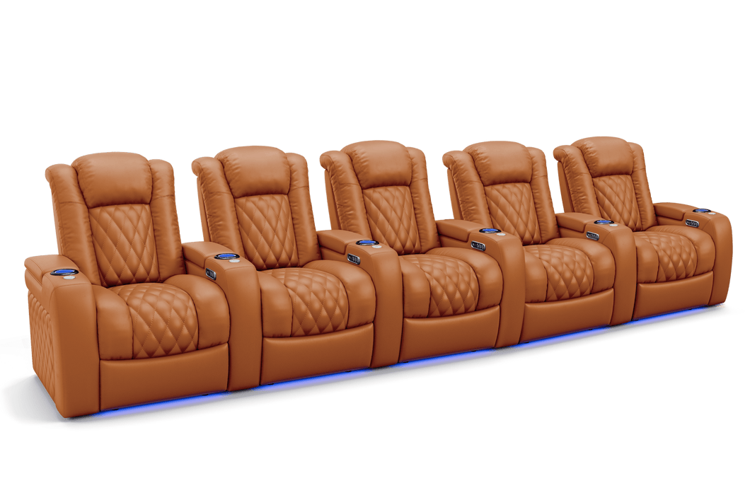 Valencia 2025 New Tuscany Leather Home Theater Seating Row of 5, Cognac