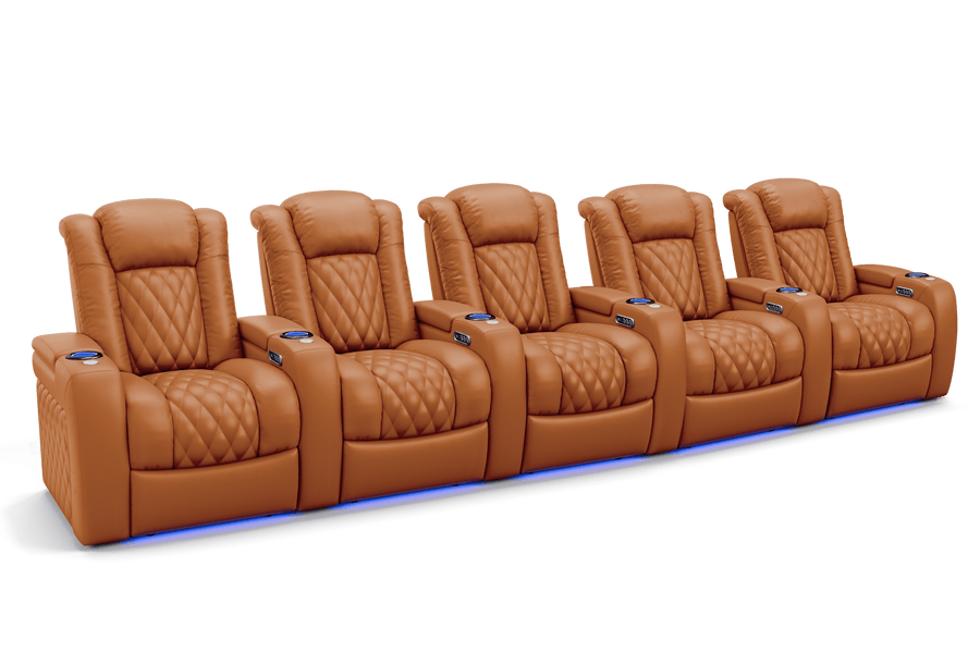 Valencia 2025 New Tuscany Leather Home Theater Seating Row of 5, Cognac