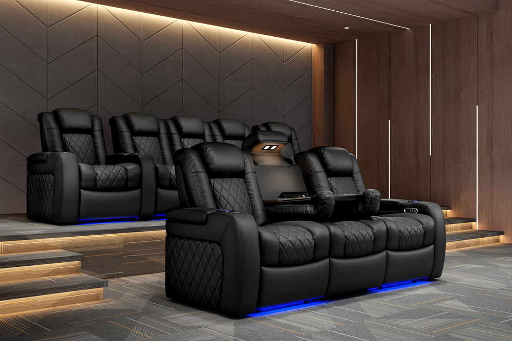 Valencia 2025 New Tuscany Console Leather Home Theater Seating Row of 5 Dropdown Center, Midnight Black