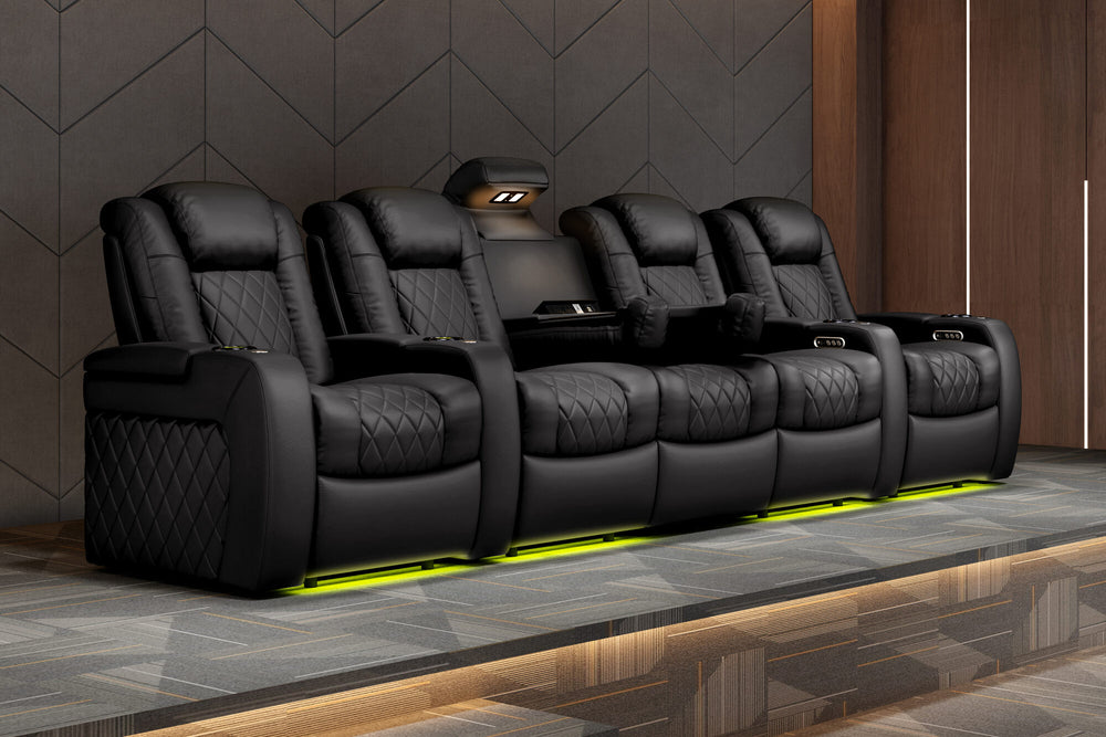Valencia 2025 New Tuscany Console Leather Home Theater Seating Row of 5 Dropdown Center, Midnight Black