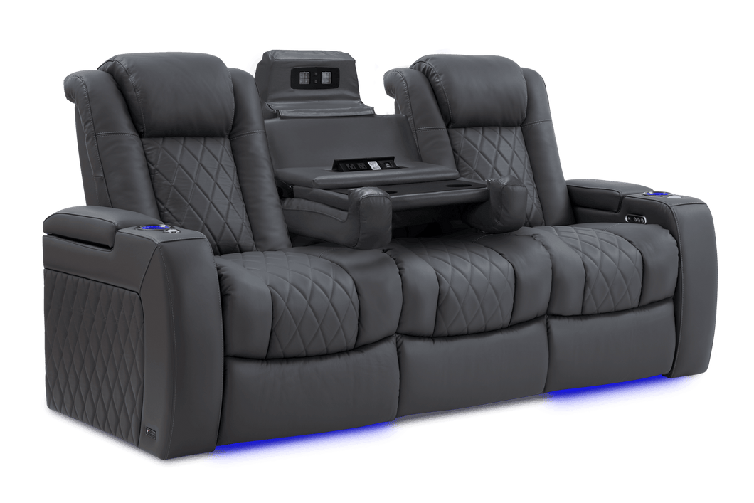 Valencia 2025 New Tuscany Console Leather Home Theater Seating Row of 3 Dropdown Center, Charcoal Grey