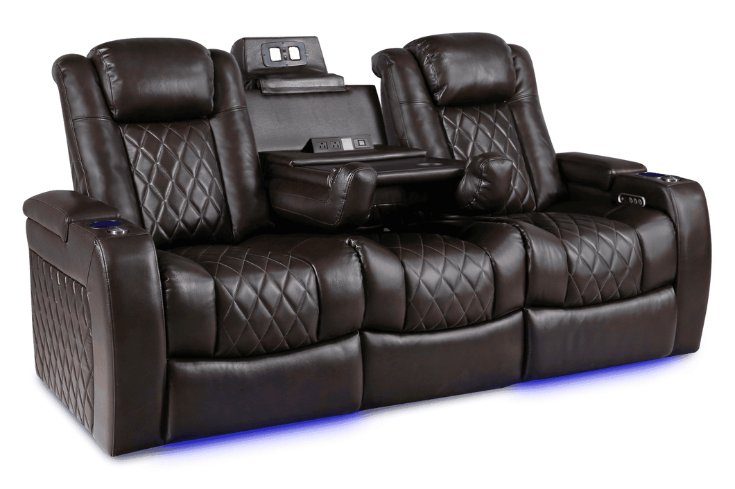Valencia 2025 New Tuscany Console Leather Home Theater Seating Row of 3 Dropdown Center, Dark Chocolate