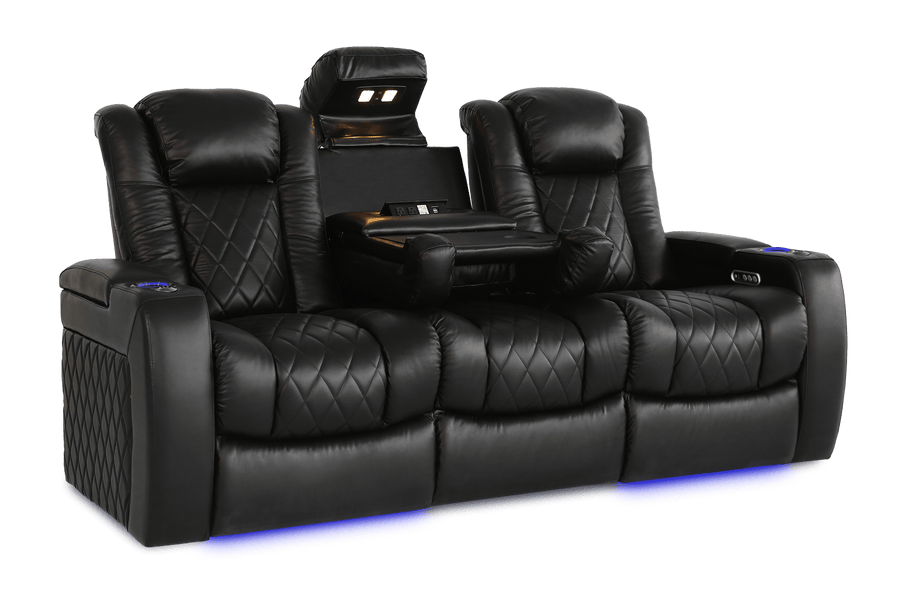 Valencia 2025 New Tuscany Console Leather Home Theater Seating Row of 3 Dropdown Center, Midnight Black