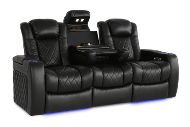 Valencia 2025 New Tuscany Console Leather Home Theater Seating Row of 3 Dropdown Center, Midnight Black