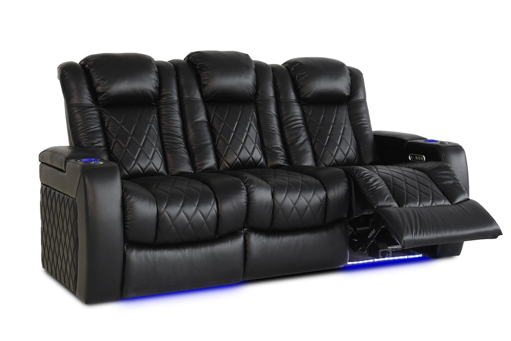 Valencia 2025 New Tuscany Console Leather Home Theater Seating Row of 3 Dropdown Center, Midnight Black