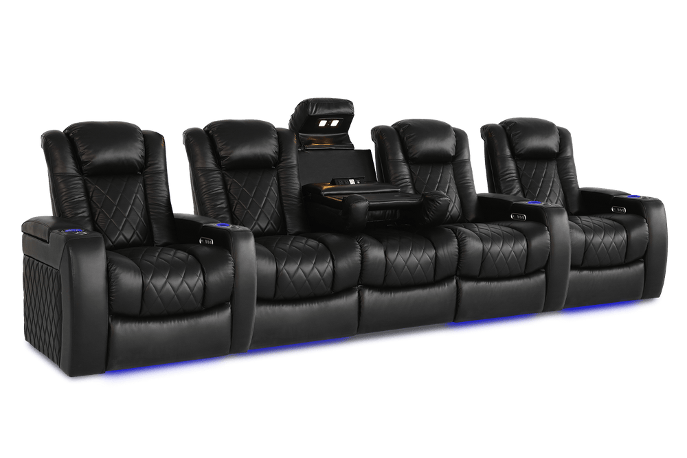 Valencia 2025 New Tuscany Console Leather Home Theater Seating Row of 5 Dropdown Center, Midnight Black
