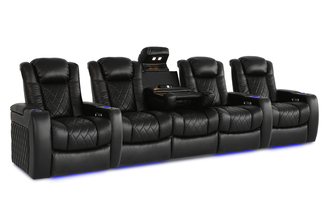 Valencia 2025 New Tuscany Console Leather Home Theater Seating Row of 5 Dropdown Center, Midnight Black