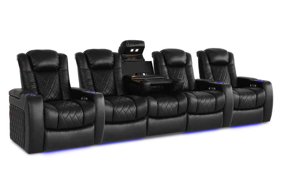 Valencia 2025 New Tuscany Console Leather Home Theater Seating Row of 5 Dropdown Center, Midnight Black