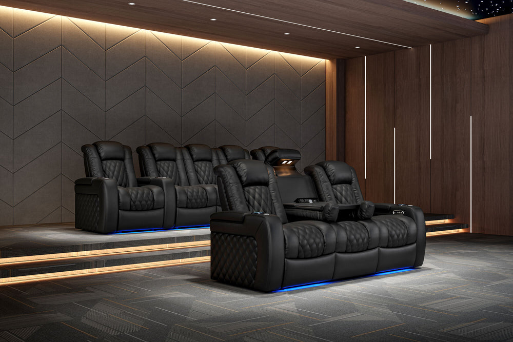 Valencia 2025 New Tuscany Console Leather Home Theater Seating Row of 3 Dropdown Center, Midnight Black