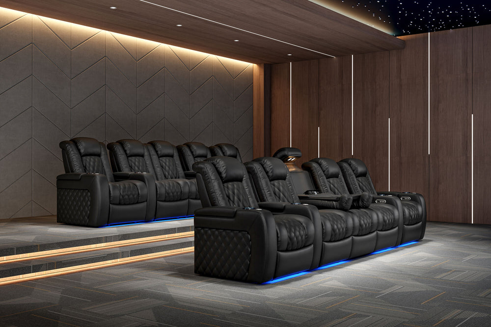 Valencia 2025 New Tuscany Console Leather Home Theater Seating Row of 3 Dropdown Center, Midnight Black