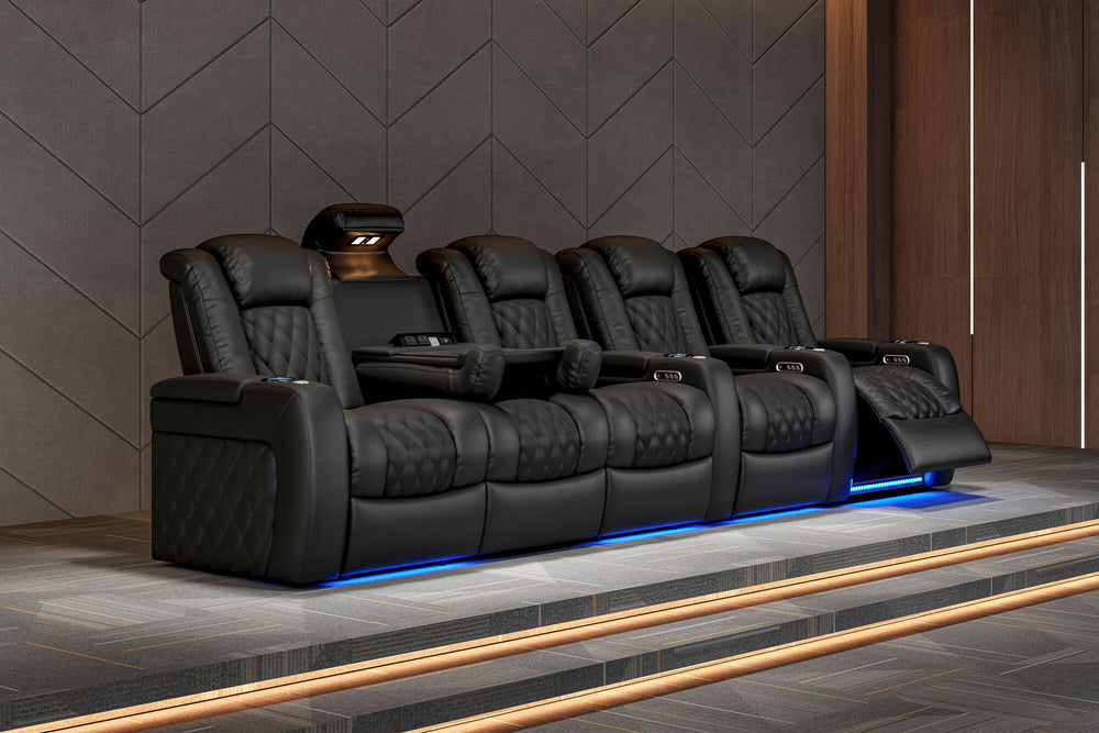 Valencia 2025 New Tuscany Console Leather Home Theater Seating Row of 3 Dropdown Center, Midnight Black