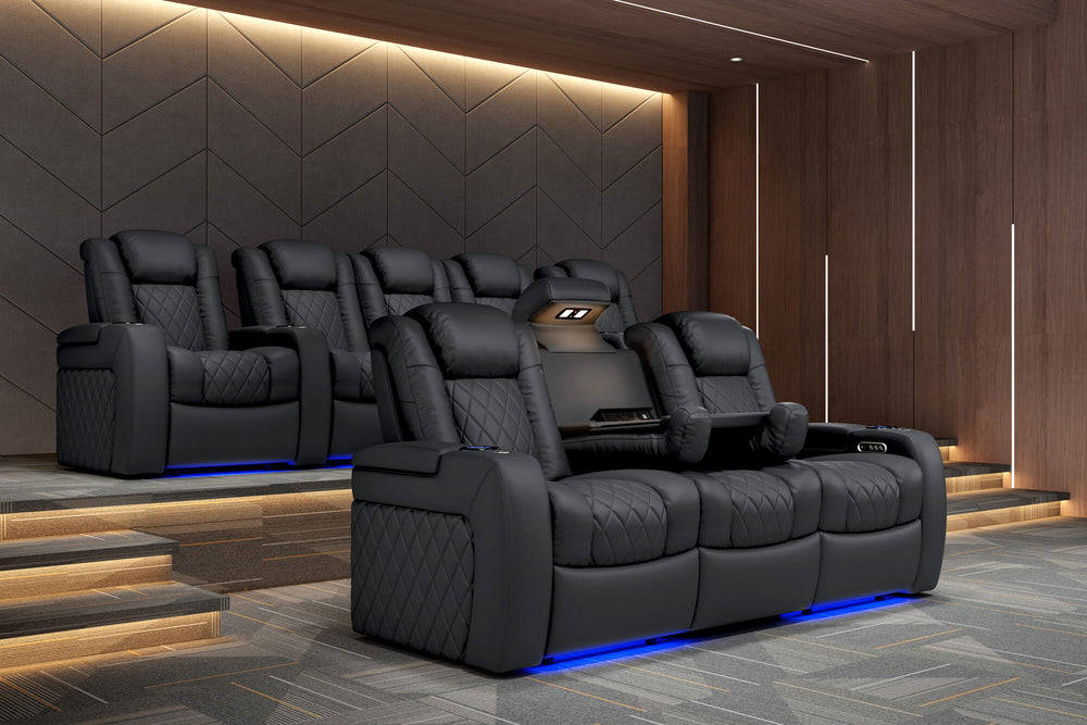 Valencia 2025 New Tuscany Console Leather Home Theater Seating Row of 3 Dropdown Center, Charcoal Grey