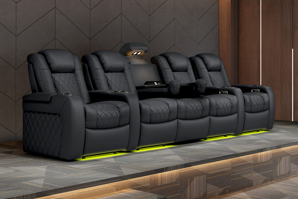 Valencia 2025 New Tuscany Console Leather Home Theater Seating Row of 3 Dropdown Center, Charcoal Grey