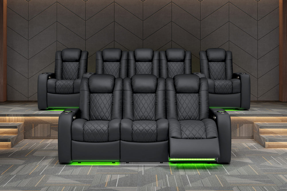 Valencia 2025 New Tuscany Console Leather Home Theater Seating Row of 3 Dropdown Center, Charcoal Grey