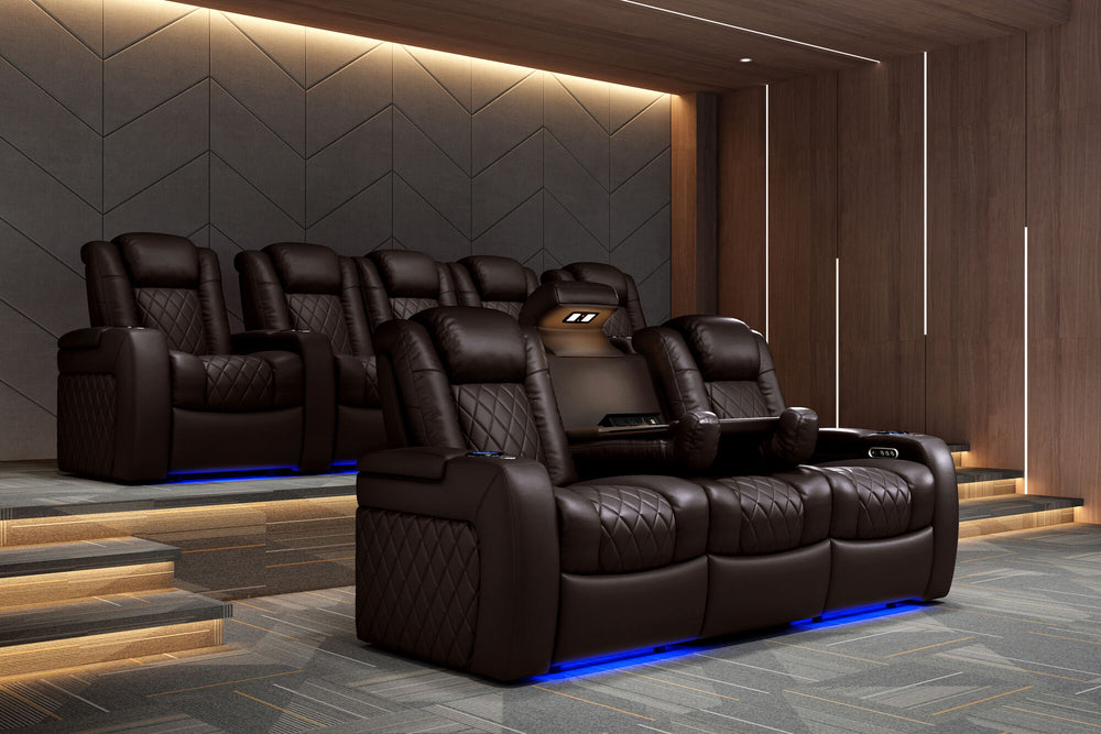 Valencia 2025 New Tuscany Console Leather Home Theater Seating Row of 3 Dropdown Center, Dark Chocolate