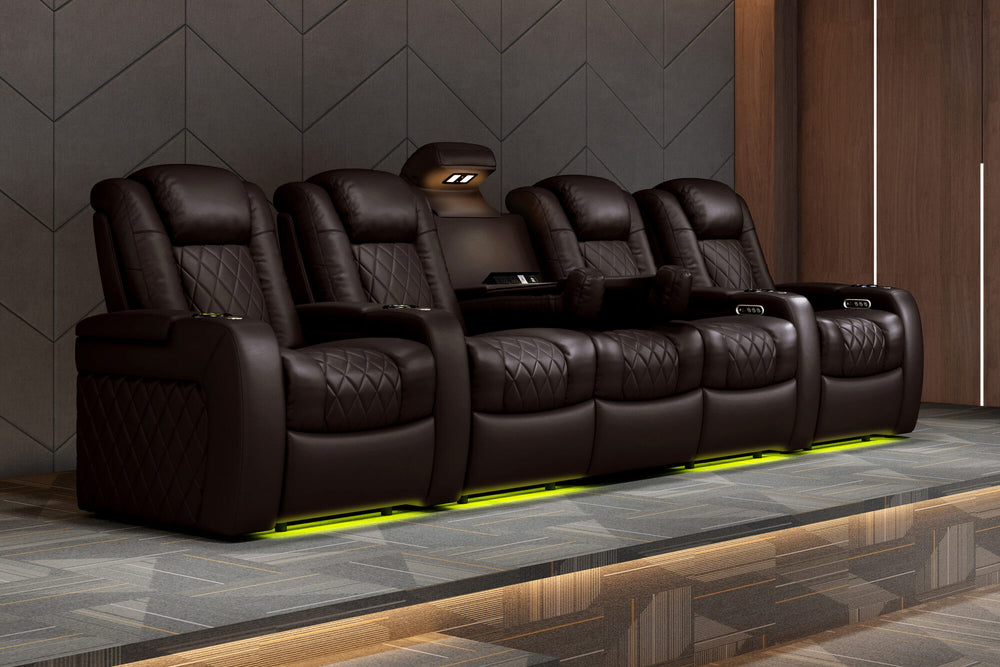 Valencia 2025 New Tuscany Console Leather Home Theater Seating Row of 3 Dropdown Center, Dark Chocolate
