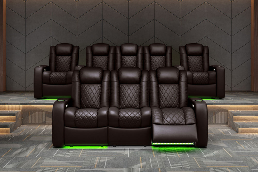 Valencia 2025 New Tuscany Console Leather Home Theater Seating Row of 3 Dropdown Center, Dark Chocolate