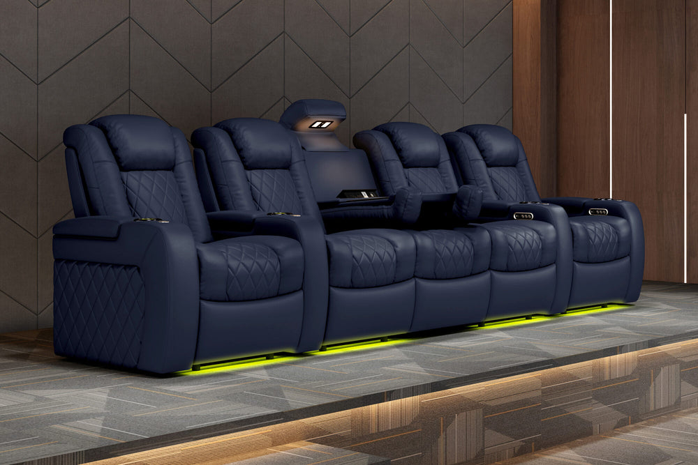 Valencia 2025 New Tuscany Console Leather Home Theater Seating Row of 3 Dropdown Center, Navy Blue