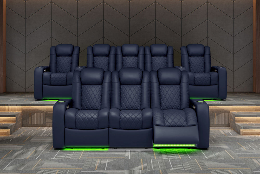 Valencia 2025 New Tuscany Console Leather Home Theater Seating Row of 3 Dropdown Center, Navy Blue