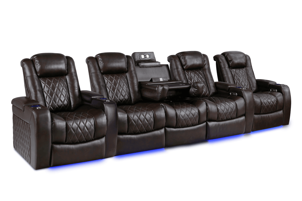 Valencia 2025 New Tuscany Console Leather Home Theater Seating Row of 5 Dropdown Center, Dark Chocolate