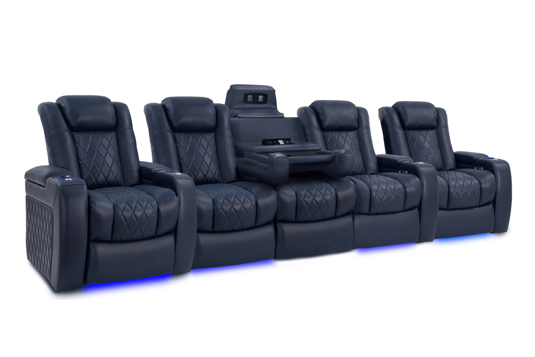 Valencia 2025 New Tuscany Console Leather Home Theater Seating Row of 5 Dropdown Center, Navy Blue