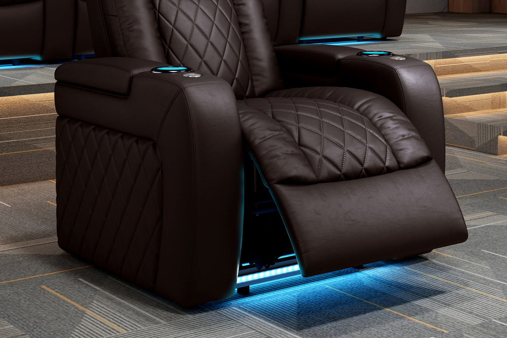 Valencia 2025 New Tuscany Console Leather Home Theater Seating Row of 3 Dropdown Center, Dark Chocolate