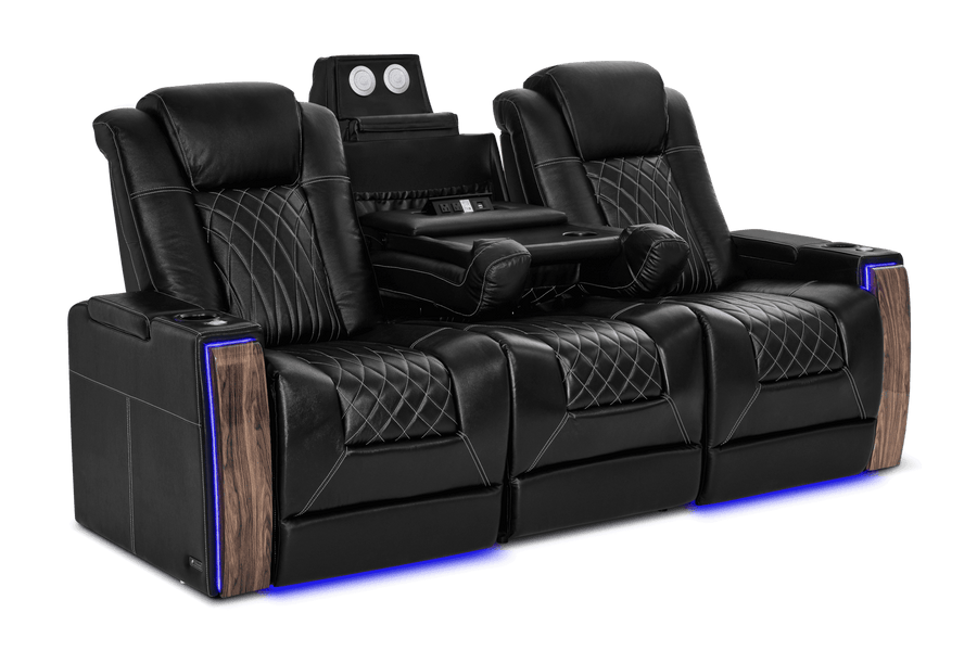 Valencia 2025 New Tuscany Executive Console Heat & Massage Leather Home Theater Seating Row of 3 Dropdown Center, Midnight Black