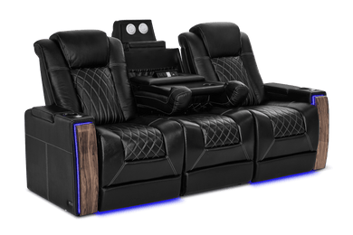 Valencia 2025 New Tuscany Executive Console Heat & Massage Leather Home Theater Seating Row of 3 Dropdown Center, Midnight Black